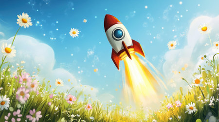A vibrant illustration depicting a rocket launching into a clear blue sky, surrounded by colorful flowers. This whimsical scene evokes feelings of adventure and imagination.の素材