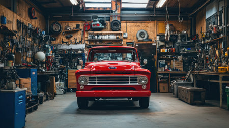 A vibrant red classic pickup truck sits prominently in a vintage workshop, surrounded by an array of tools and equipment, evoking nostalgia and craftsmanship.の素材