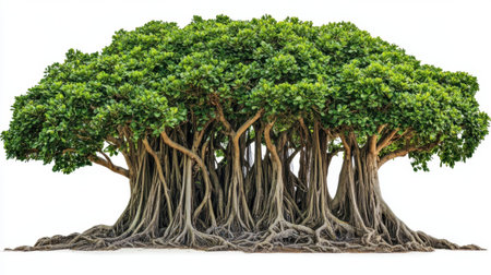 A stunning tree with a dense canopy of vibrant green leaves and an intricate network of roots. This image captures the beauty and tranquility of nature in an outdoor setting.の素材