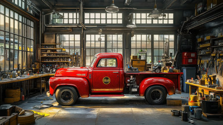 A vintage red pickup truck sits gracefully in a well-lit workshop, surrounded by tools and equipment. The warm ambiance evokes nostalgia and craftsmanship.の素材