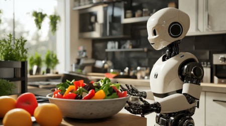 A futuristic robot chef skillfully prepares a colorful vegetable salad in a well-designed modern kitchen filled with fresh ingredients and sunlight.の素材