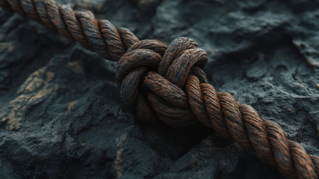 This image showcases a close-up view of a nautical rope knot resting on a textured rock surface, highlighting the intricate details and natural elements.の素材
