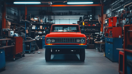 A striking vintage red truck stands prominently in a mechanics workshop filled with a variety of tools and equipment, capturing the essence of automotive restoration.の素材
