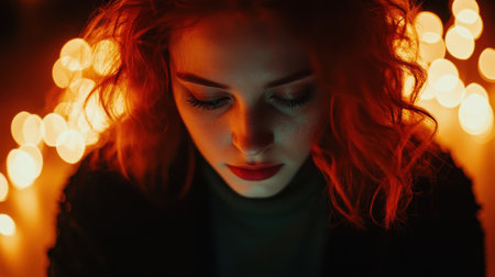 A young woman with curly red hair gazes thoughtfully downward, surrounded by the warm glow of string lights, creating an intimate and serene atmosphere.の素材
