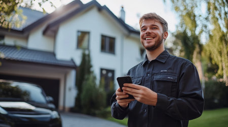 A young man stands outside a modern house, happily using his smartphone. The sunlight enhances the cheerful atmosphere, showcasing a peaceful lifestyle.の素材