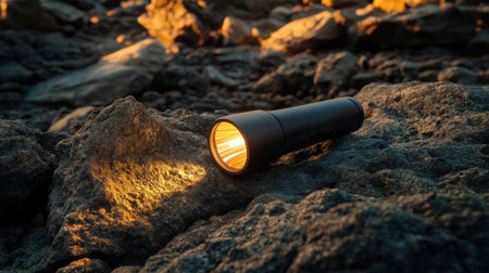 A black flashlight rests on a rugged rocky surface, casting a warm beam of light against the backdrop of a beautiful sunset. Perfect for outdoor adventure.の素材