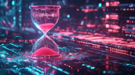 A striking hourglass filled with glowing sand rests on an abstract digital backdrop, symbolizing the passage of time in a futuristic and vibrant tone.の素材