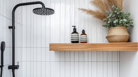 A serene modern bathroom featuring a sleek shower, wooden shelf, and elegant plant decor. Perfect for showcasing minimalism and comfort in spaces.の素材