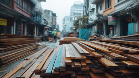 A collection of stacked wooden planks at a construction site in an urban setting, shrouded in fog, illustrating preparation for building projects.の素材