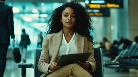 A young professional woman sits in a modern airport lounge, focused on her laptop. The atmosphere is modern and casual, reflecting a dynamic travel lifestyle.の素材