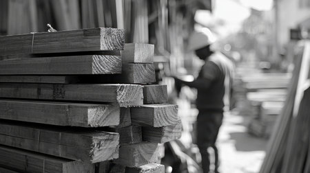 A stack of wooden planks showcases raw materials at a lumber yard. A worker is seen in the blurred background, emphasizing the manual craftsmanship in progress.の素材