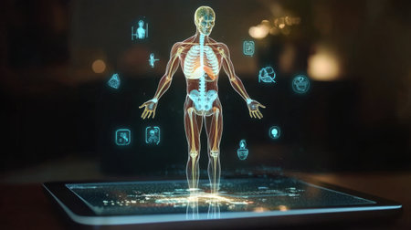 A holographic representation of human anatomy displayed on a tablet screen. This innovative design highlights various body systems for educational purposes, enhancing medical understanding and study.の素材