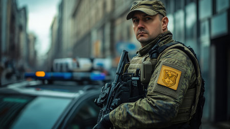 A focused security personnel in tactical gear stands guard in an urban setting, showcasing readiness and vigilance for any potential threats in the area.の素材