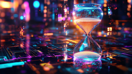 A stunning hourglass sits against a vibrant digital backdrop, with glowing sand falling gracefully. This futuristic concept showcases the essence of time intertwined with technology.の素材