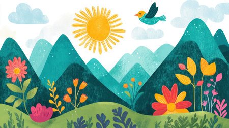 Colorful illustration featuring mountains, a bright sun, cheerful flowers, and a flying bird. Perfect for nature themes, children's materials, and creative projects.の素材