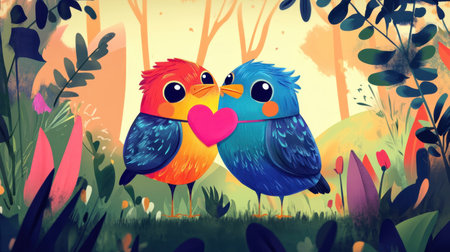 This vibrant illustration features two cute cartoon birds sharing a heart, set against a lush, colorful background. Perfect for themes of love and nature.の素材