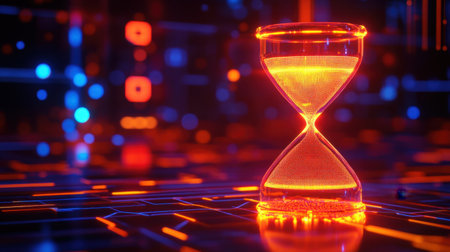 A vibrant digital hourglass with a neon glow sits on an abstract background, symbolizing time and technology in a futuristic setting. A mesmerizing visual representation of the concept of time flowing.の素材