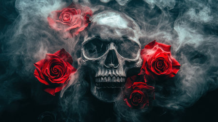 A striking artistic composition featuring a skull adorned with vibrant red roses, enveloped in ethereal smoke, symbolizing the contrast between life and death.の素材
