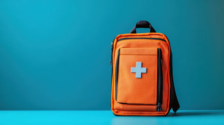 A bright orange backpack featuring a prominent first aid symbol stands against a smooth blue background, perfect for health-conscious travelers or outdoor adventurers.の素材