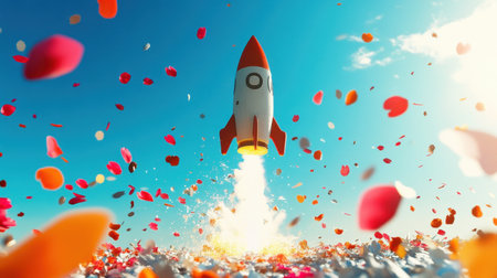 A vibrant rocket launches into a bright blue sky, surrounded by colorful hearts and petals. This whimsical scene captures the essence of joy, love, and adventure.の素材