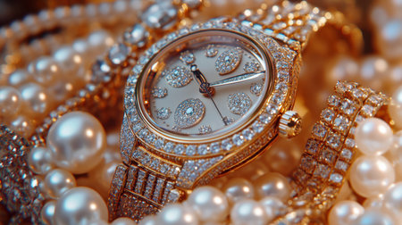A stunning gold watch embellished with diamonds rests among lustrous pearls, showcasing a blend of elegance and luxury perfect for special occasions or fashion statements.の素材