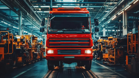A striking bright red fire truck is displayed prominently in an industrial workshop. The vehicle symbolizes emergency response and safety within a modern manufacturing environment.の素材