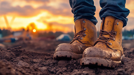 A pair of muddy work boots stands firmly on a dirt construction site during a stunning sunset, capturing the essence of hard work and dedication.の素材