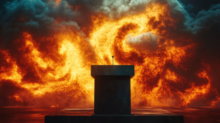A striking podium stands in front of a vibrant, fiery backdrop filled with dramatic clouds and smoke, setting a powerful stage for impactful speeches.の素材