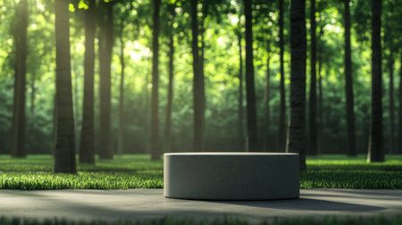 A minimalist concrete platform stands alone in a vivid green forest, surrounded by tall trees and soft sunlight. This serene outdoor setting evokes tranquility and natural beauty.の素材