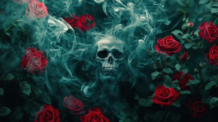 This intriguing image features a skull enveloped by red roses and swirling smoke, creating a haunting yet beautiful atmosphere. Perfect for artistic purposes.の素材