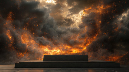 A mesmerizing scene depicting a dramatic sky filled with dark clouds and fiery orange hues over an abstract platform, evoking feelings of fantasy and adventure.の素材