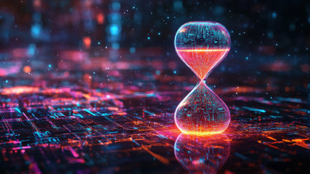 This captivating image features a futuristic hourglass, glowing with vibrant neon colors against a digital backdrop, symbolizing the interplay of time and technology in a visually stunning way.の素材