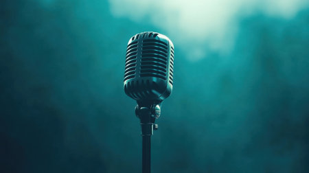 A stunning close-up of a vintage microphone on a stand, featuring a dramatic blue background. Ideal for music, art, and performance-related themes.の素材