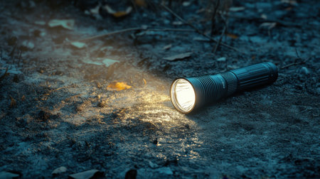 A close-up view of a flashlight lying on the ground, casting a bright beam of light in a dark environment. The scene captures the interplay of light and shadow on the surface.の素材