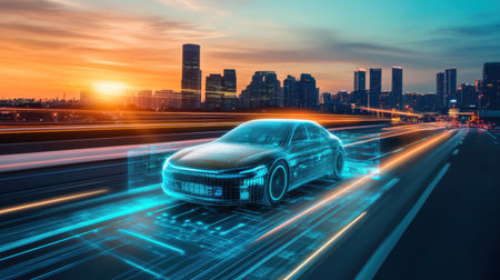 A futuristic electric car speeds through a vibrant city landscape at sunset, showcasing digital effects that highlight innovation and smart technology in urban transport.の素材