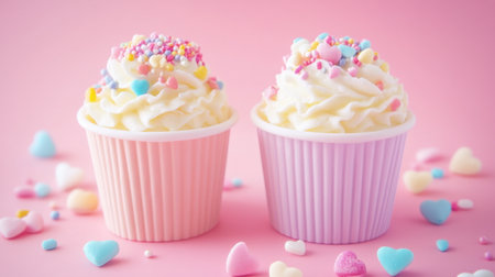 Two delightful cupcakes with creamy frosting and colorful sprinkles sit against a soft pink backdrop, evoking joy and sweetness for any celebration.の素材