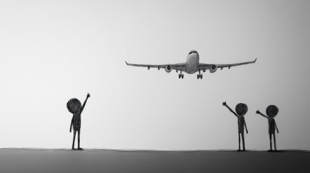 Minimalist illustration showing stick figures waving at an airplane in flight. This artwork captures the essence of travel and adventure in a simple yet profound way.の素材