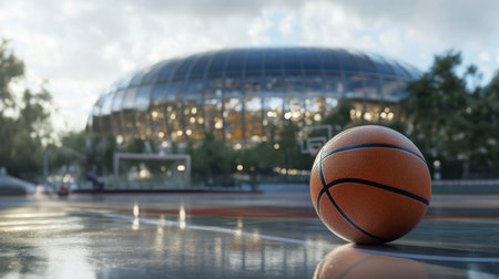 A close-up view of a basketball on the court with a modern arena in the background during dusk, showcasing the exciting atmosphere of outdoor sports.の素材