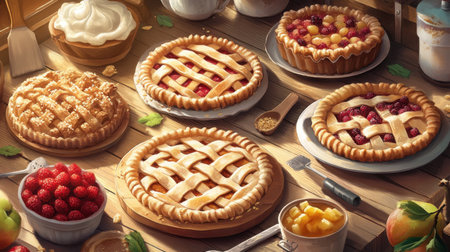 A captivating arrangement of various fruit pies and desserts on a rustic wooden table. The scene showcases vibrant colors and tempting textures, perfect for food lovers.の素材