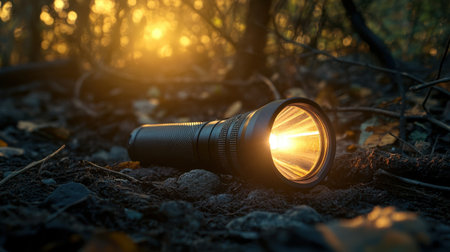 A flashlight lies on the forest ground, casting a warm glow during golden hour, creating a tranquil atmosphere perfect for nighttime exploration and adventure.の素材