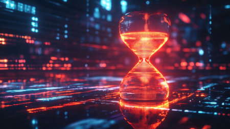 A mesmerizing hourglass glows in a digital landscape, showcasing the flow of time within a vibrant, futuristic environment filled with neon lights and reflections.の素材
