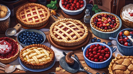 A colorful display of homemade fruit pies surrounded by fresh berries and ingredients. Perfect for evoking warmth and culinary traditions. Ideal for food enthusiasts.の素材