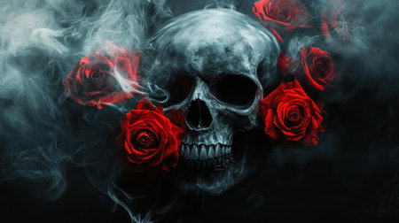 A haunting image of a skull embraced by vibrant red roses and enveloped in smoke, merging themes of beauty and mortality, ideal for artistic projects.の素材