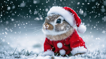 A charming bunny in a Santa hat poses in a snowy landscape, embodying the joy of winter and the festive spirit of Christmas. Perfect for seasonal themes.の素材