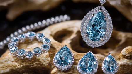 A stunning jewelry set featuring blue gemstones in a luxurious design. This elegant arrangement includes a pendant, earrings, and a bracelet, beautifully displayed on a natural wood background.の素材