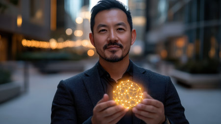 A confident man stands in an urban environment, holding a glowing sphere that symbolizes technology and connection. Warm lights enhance the inviting atmosphere, showcasing a blend of modernity and creativity.の素材