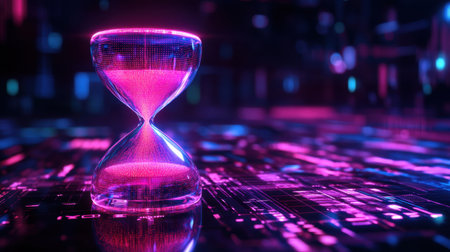 A stunning hourglass sits against a vibrant neon digital backdrop. The interplay of colors and light captures the essence of time and technology.の素材