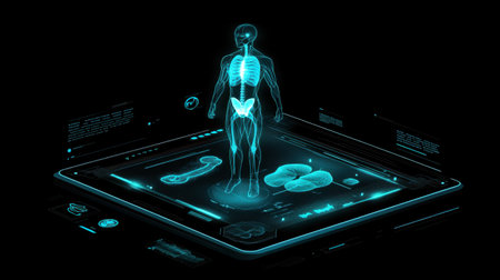 Explore a futuristic holographic representation of human anatomy displaying detailed health data and organ structures, perfect for educational and medical contexts.の素材