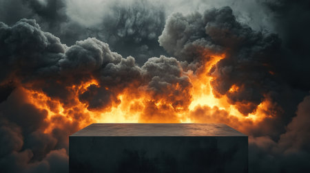 This image features a dramatic scene with clouds and fire, emphasizing a powerful atmosphere. An empty platform stands in the foreground, creating a mysterious and cinematic backdrop.の素材