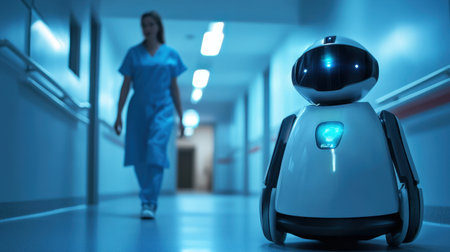 A friendly healthcare robot stands in a hospital corridor, assisting nursing staff. The scene showcases modern technology in medical environments, enhancing patient care.の素材